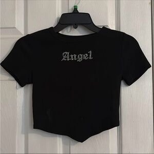 Elegant Black Crop Top with Angel Rhinestone Design